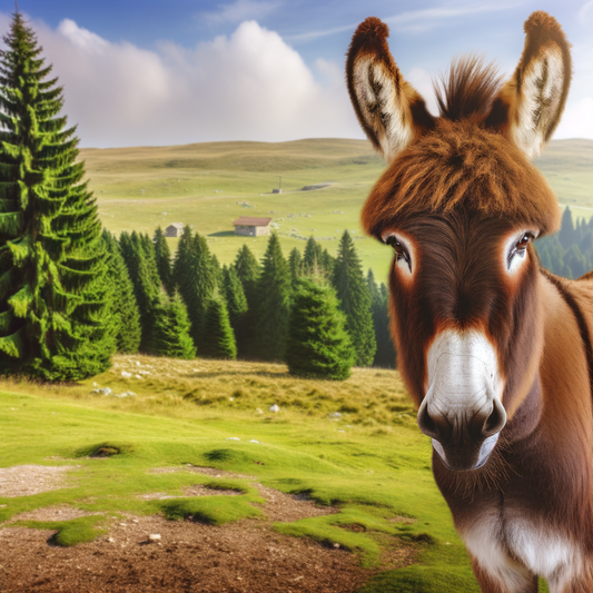 A donkey stands in a lush green landscape.