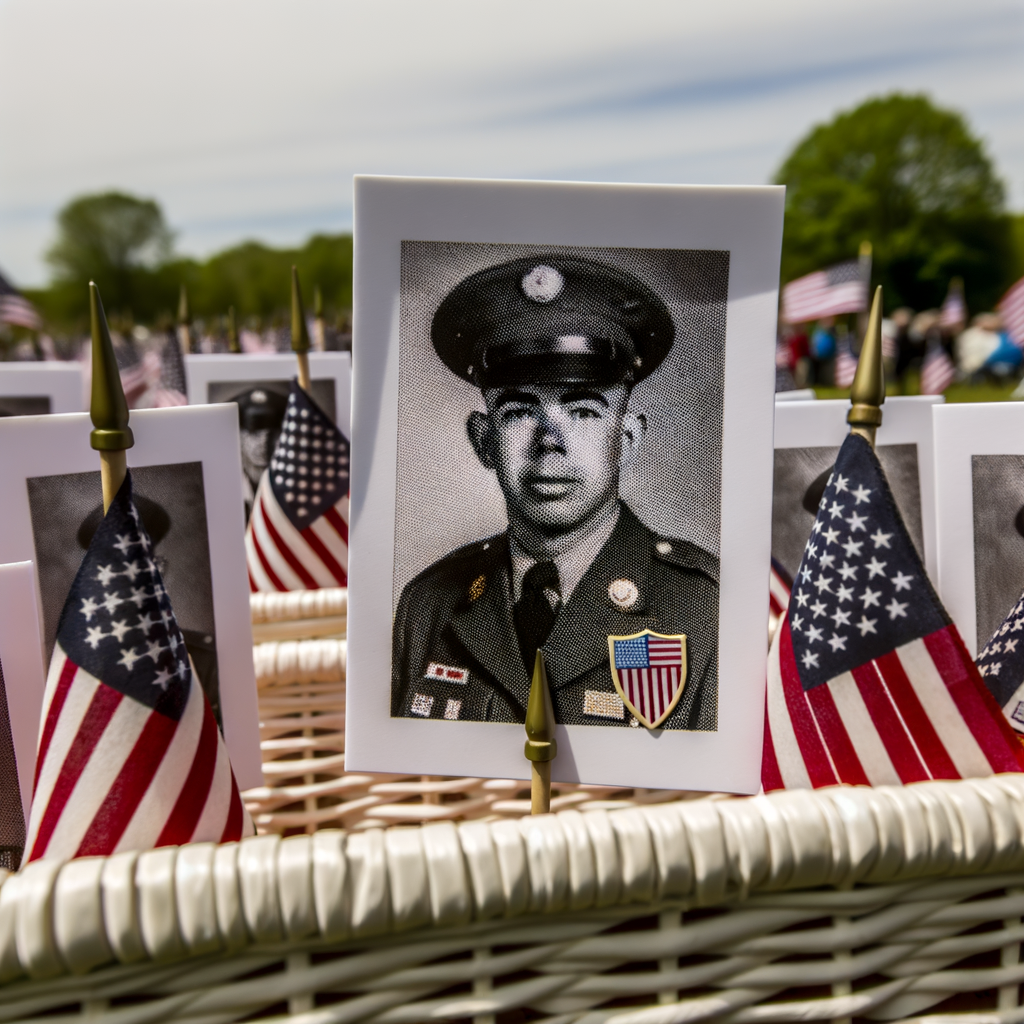 Portrait of a soldier among small American flags.