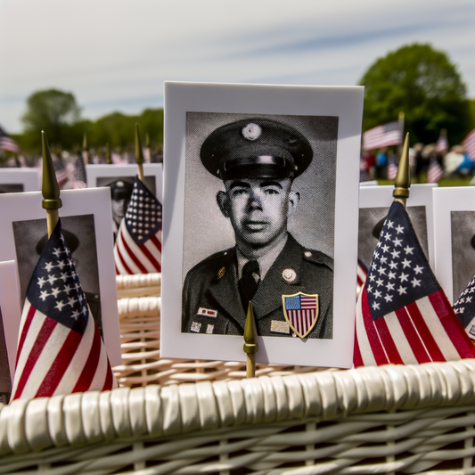 Portrait of a soldier among small American flags.