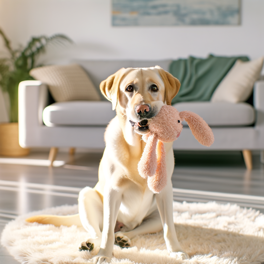 Labrador retriever sitting with a plush toy.