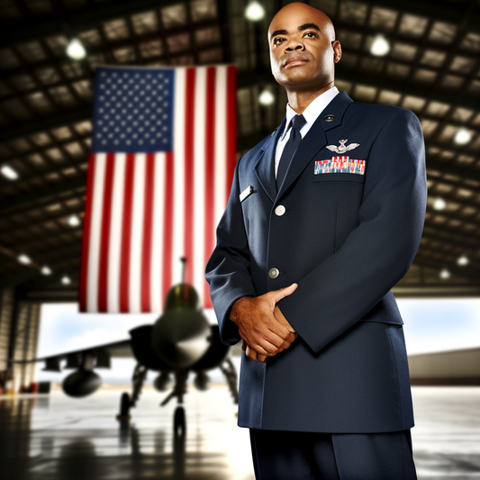 Air Force service member in front of a jet and flag.