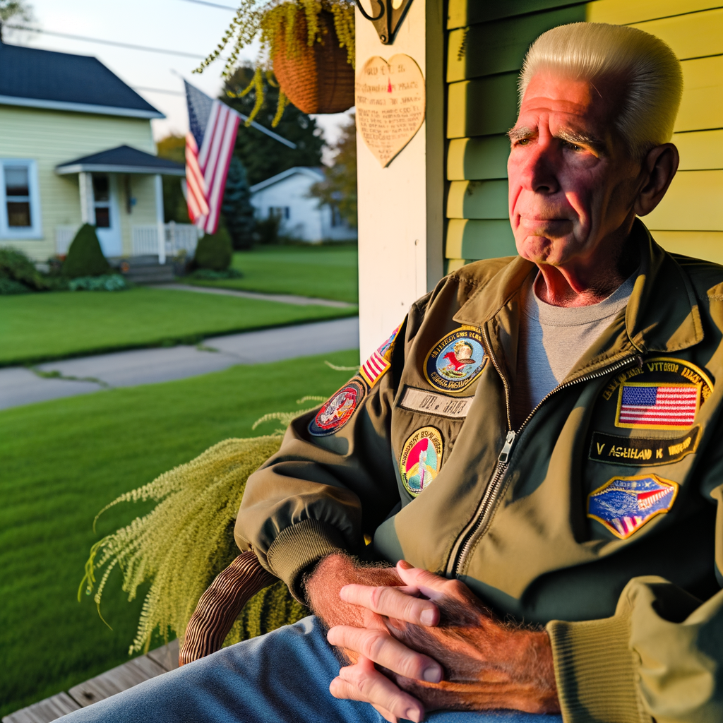 Veteran in a flight jacket relaxing on a porch.