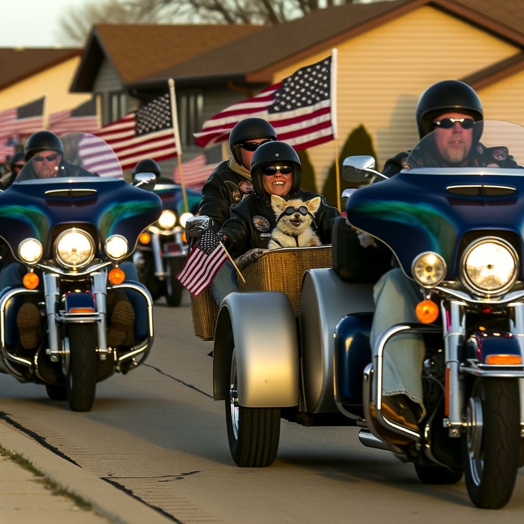 Motorcyclists parading with American flags and a dog.