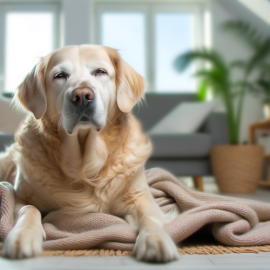 Golden retriever relaxing on a blanket indoors.