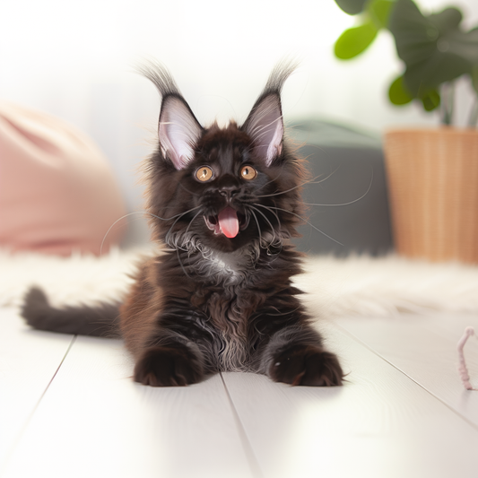Playful black Maine Coon kitten with big ears.