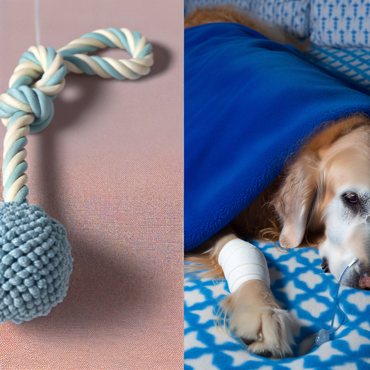 Dog resting with a bandaged paw and a toy.