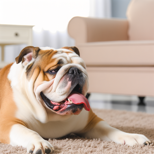 A relaxed bulldog lounging on a fluffy rug.