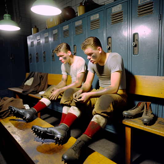 Two young athletes sitting in a locker room.