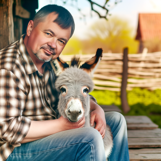 Man cuddling a donkey on a sunny day.