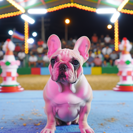 A French Bulldog posed at a vibrant event.