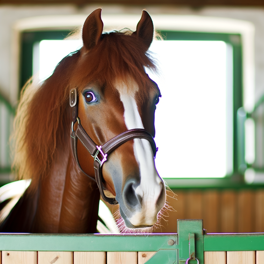 Brown horse looking curiously from a stable.