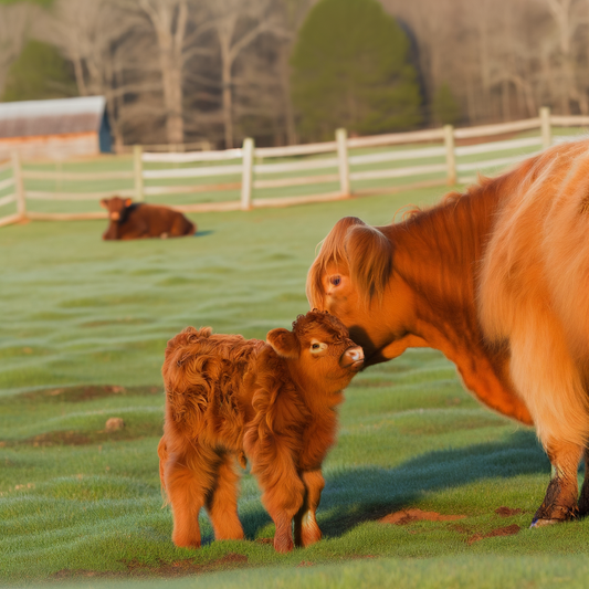 Mother calf nuzzling her adorable baby in a pasture.