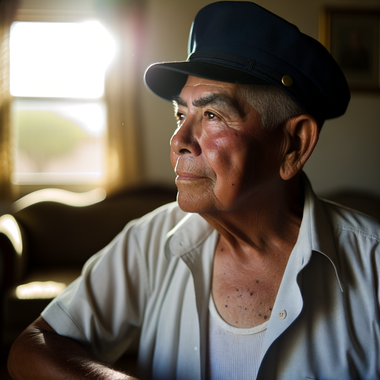 Elderly man wearing a hat, gazing thoughtfully.
