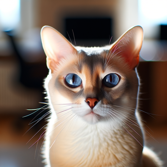 A close-up of a cat with striking blue eyes.