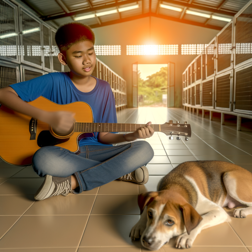 Boy playing guitar with a dog in a shelter.