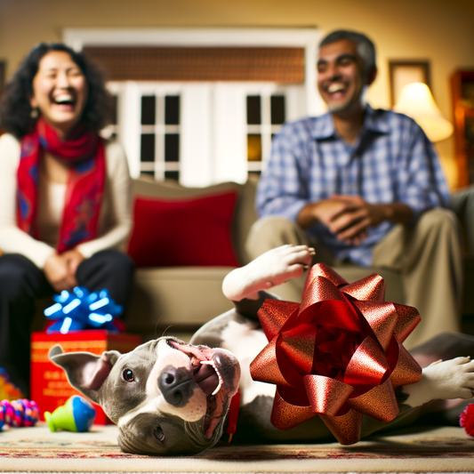 Happy dog with a bow, joyful couple laughing nearby.
