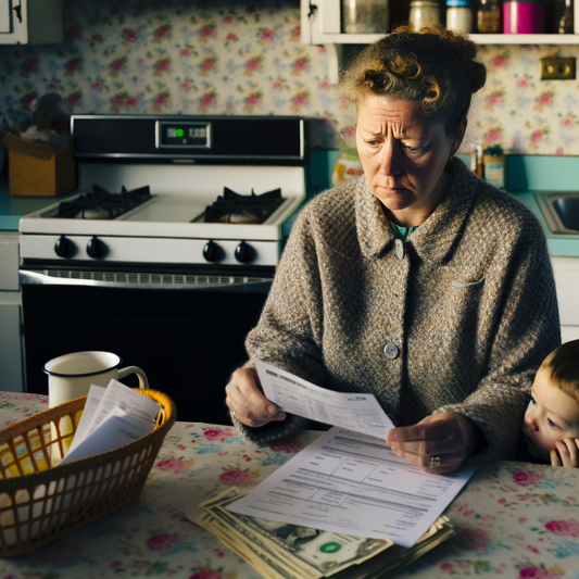 Woman worriedly reviewing bills at the kitchen table.
