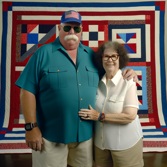 A smiling couple stands in front of a quilt.