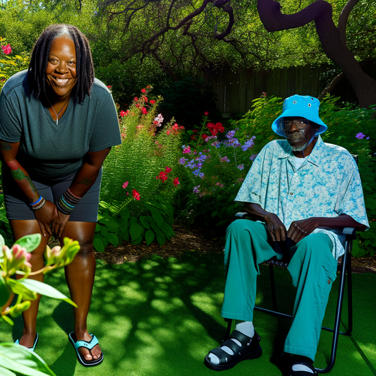 A woman and man smiling in a vibrant garden.