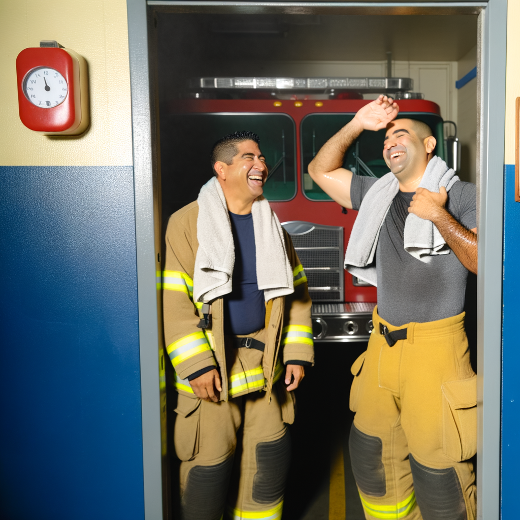 Two firefighters laughing together in a fire station.