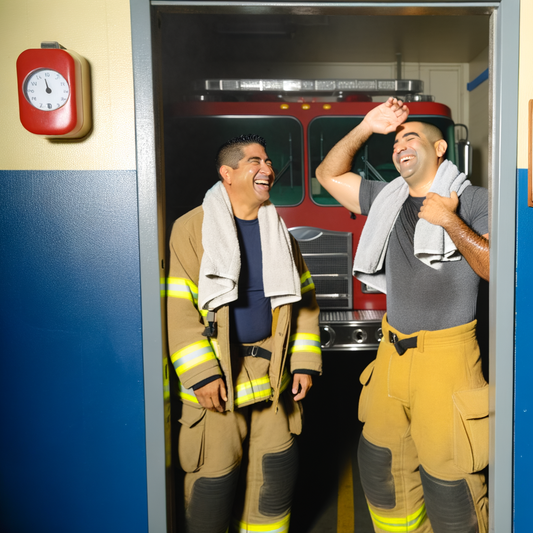 Two firefighters laughing together in a fire station.