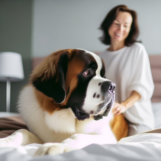 A woman relaxing with her St. Bernard dog.