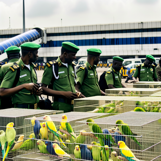 Airport officials inspecting colorful birds in cages.