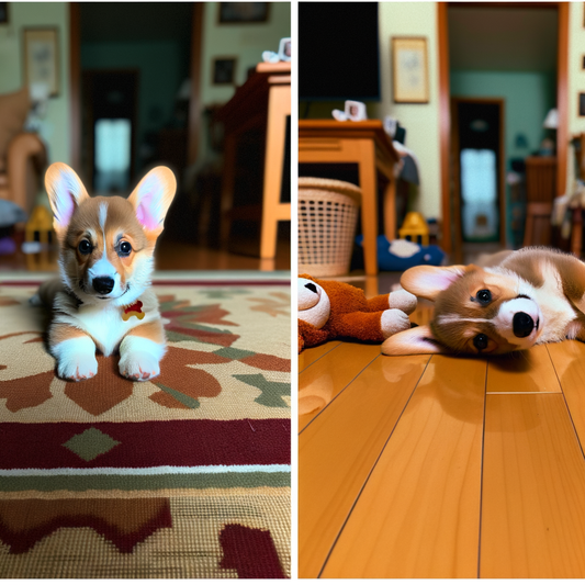 Cuddly corgi puppy lounging on the floor.