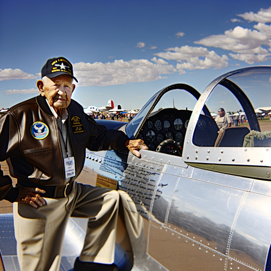 Veteran posing beside a vintage aircraft at an airshow.