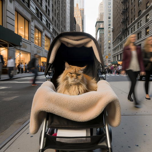 Cat relaxing in a stroller on a city street.