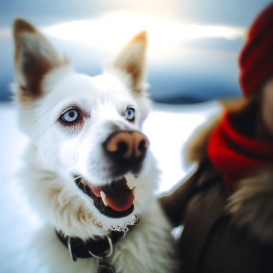 Happy dog with striking blue eyes in the snow.