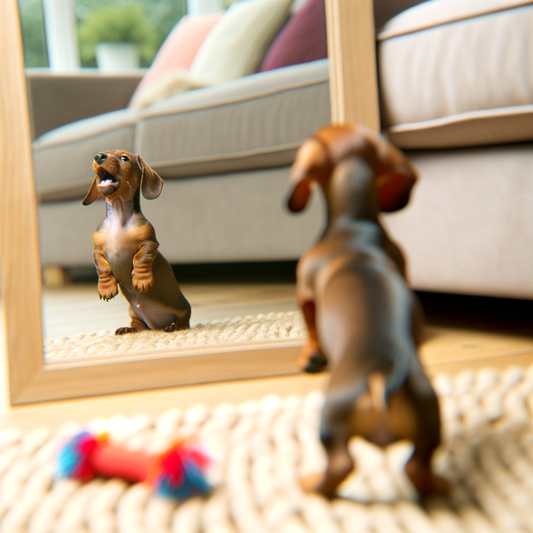A dog looks at its reflection in a mirror.
