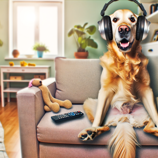 Dog wearing headphones sits on a couch.