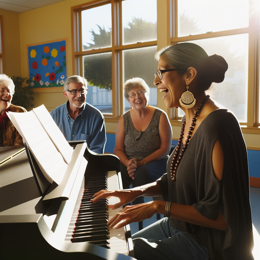 Woman singing joyfully at a piano, surrounded by friends.