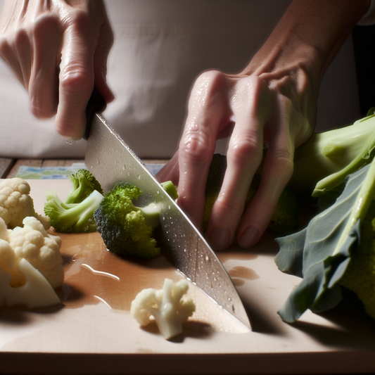 Hands chopping fresh broccoli on a wooden cutting board.