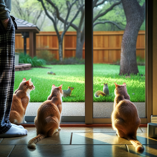 Three cats watching squirrels outside through a glass door.
