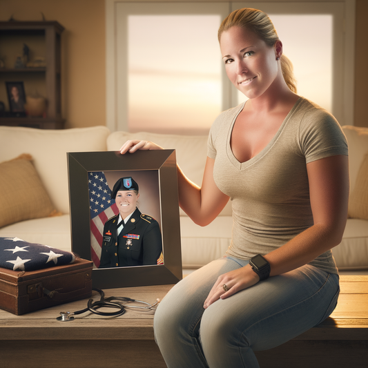 Woman holding a framed photo of a soldier.