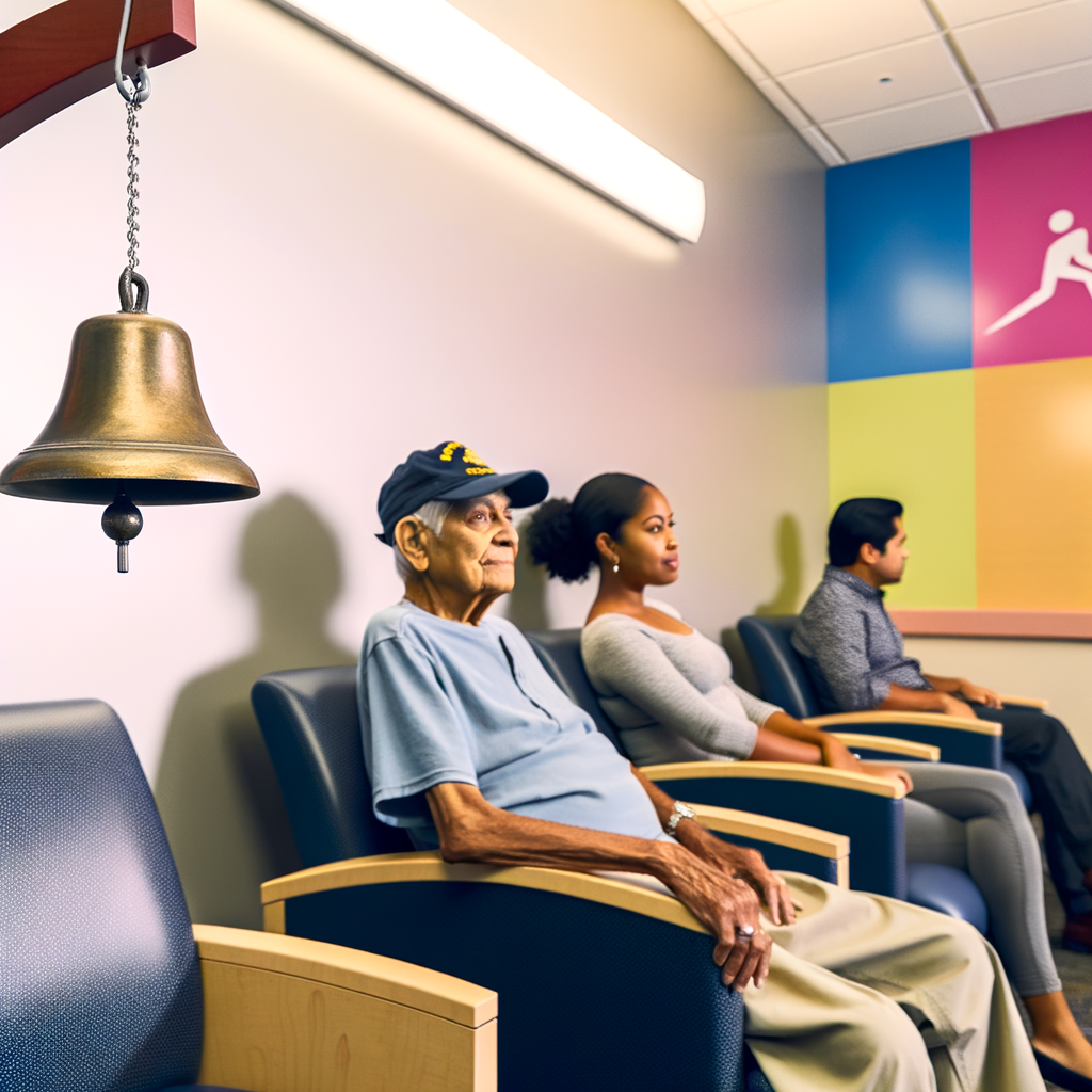 Elderly man waiting with others in a colorful room.