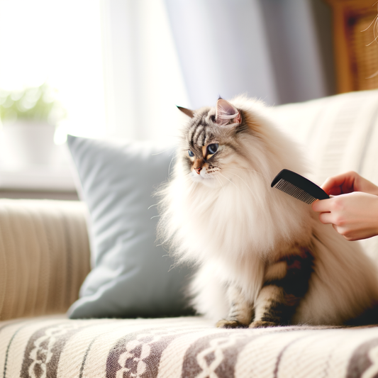 Person grooming a fluffy cat on a sofa.