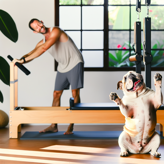 Man exercising with a smiling dog nearby.