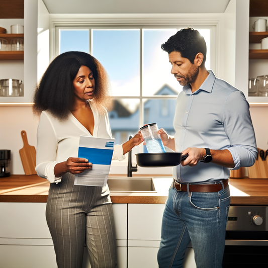 A couple discusses kitchen items in a bright space.