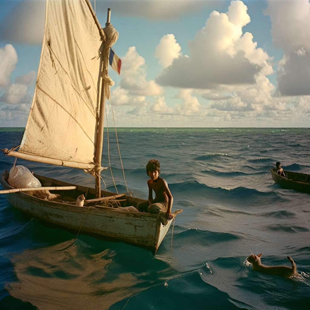 Child sailing in a small boat with a cat.