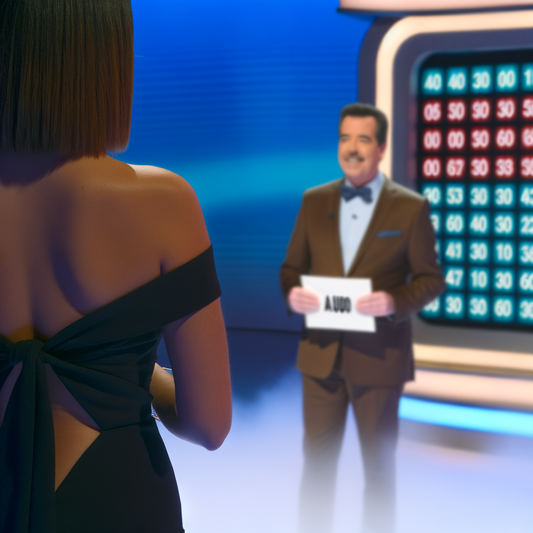 Contestant watching host present a game show.