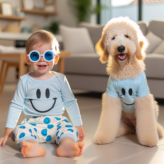 Smiling child and dog wearing matching outfits.