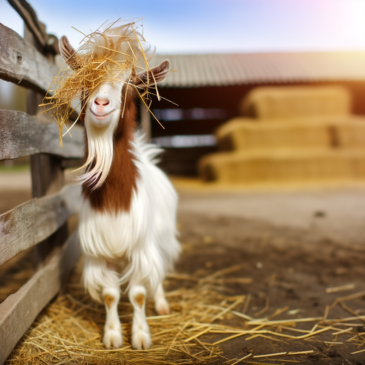 Goat with straw on its head in a barn.
