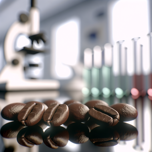 Coffee beans in a lab with test tubes and microscope.