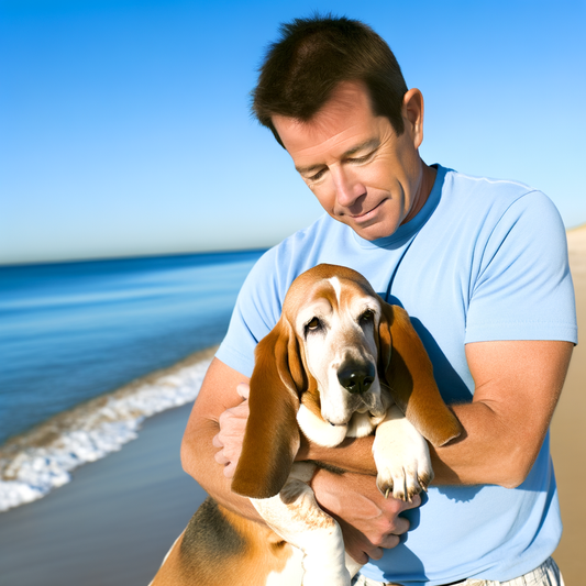 Man holding a basset hound at the beach.