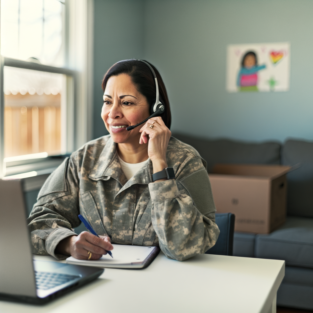Military woman smiling while on a video call at home.