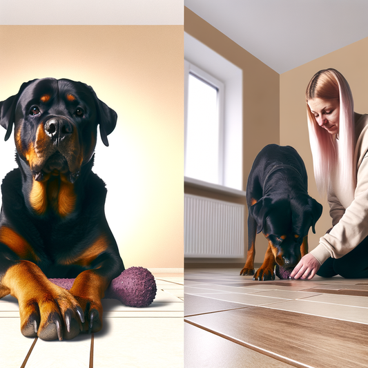 Rottweiler resting with a toy and owner playing.