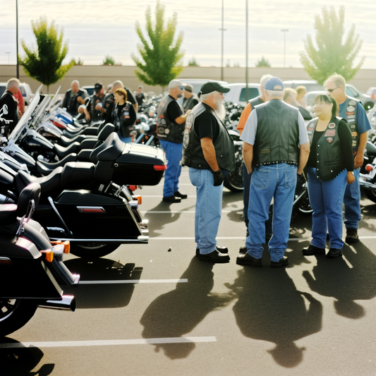 Bikers gathering and chatting in a motorcycle parking lot.